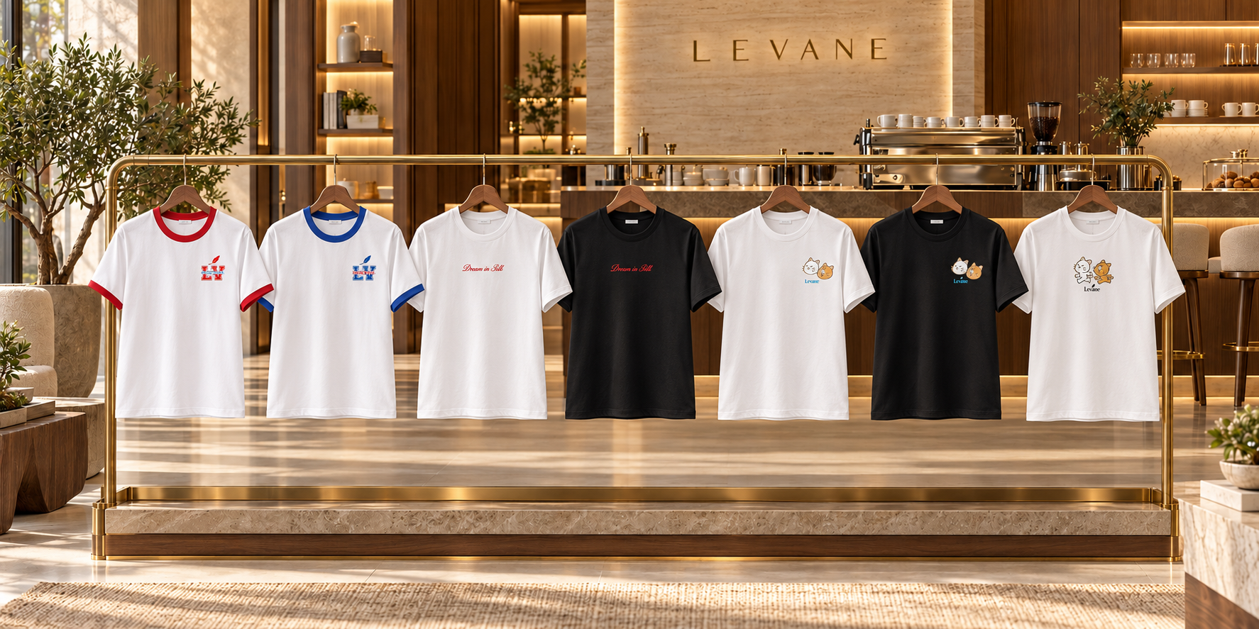 เสื้อยืดและคอวีใส่ปกบนราวแขวนในร้าน Levane